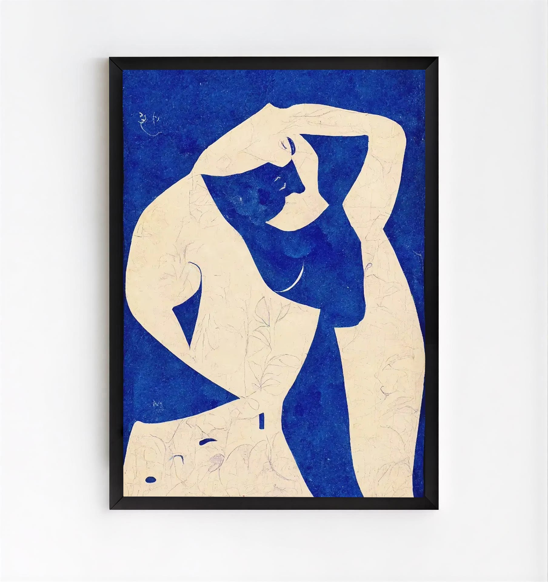Framed artwork of a stylized nude figure in blue and beige on a white background