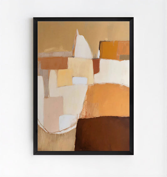 Abstract art print with geometric shapes in earthy tones on a white wall.