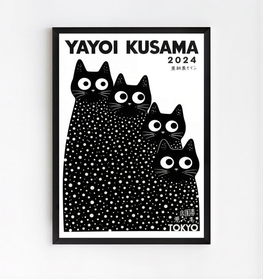 Framed artwork with black and white Yayoi kusama cats print illustration on a white wall.