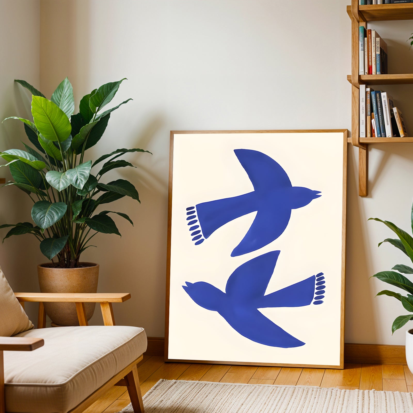 Framed artwork of blue birds on a white background in a living room setting with plants and a bookshelf.