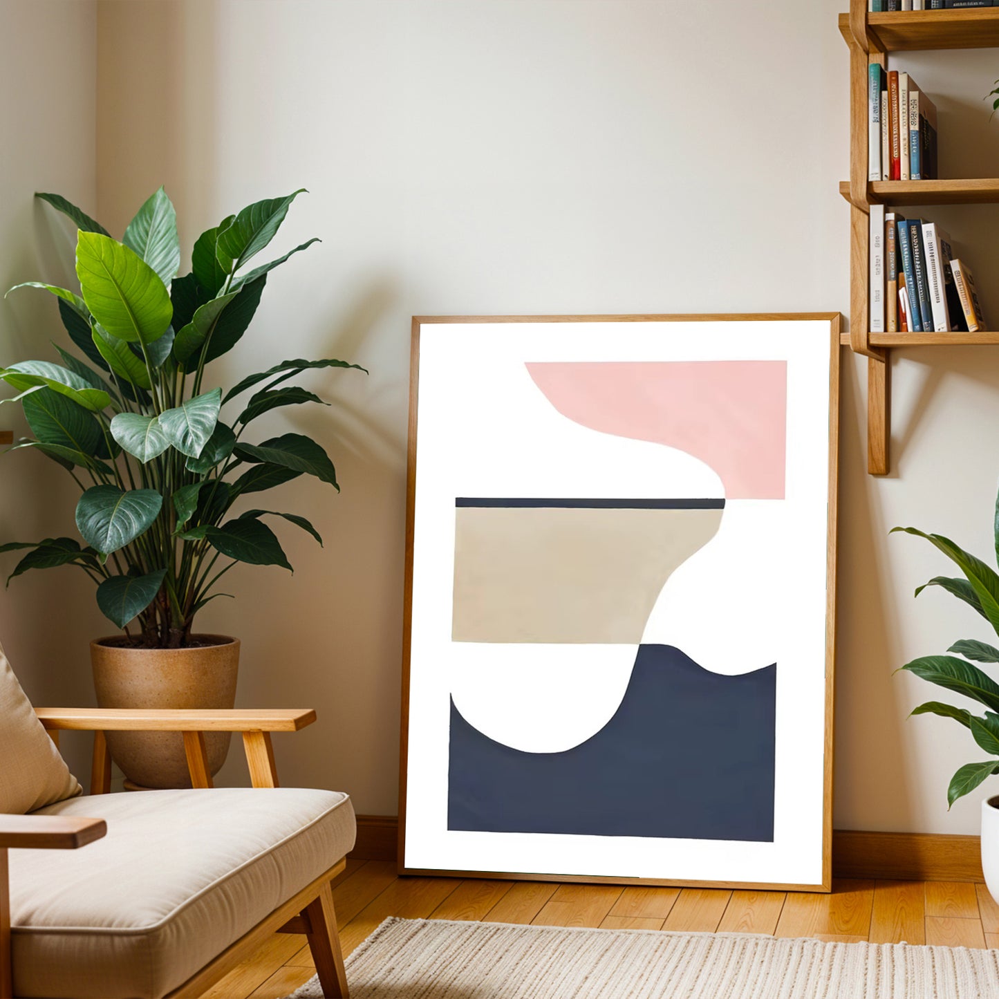 Framed abstract art piece in a living room setting with plants and a bookshelf.