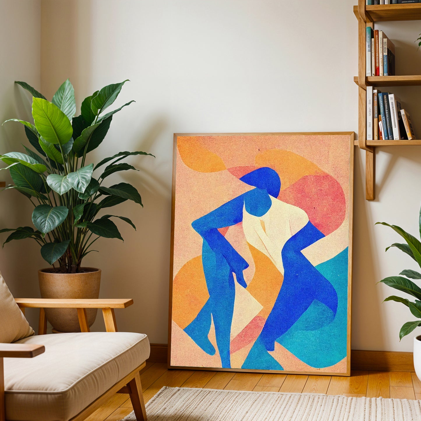 Colorful abstract painting of two figures in a living room setting with plants and a bookshelf.