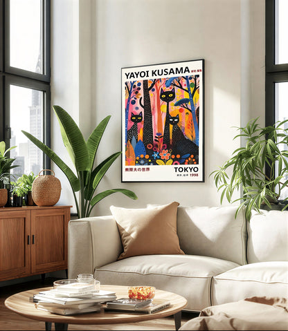 Living room with a Yayoi Kusama Black Cats poster on the wall, a beige sofa, and a wooden sideboard.