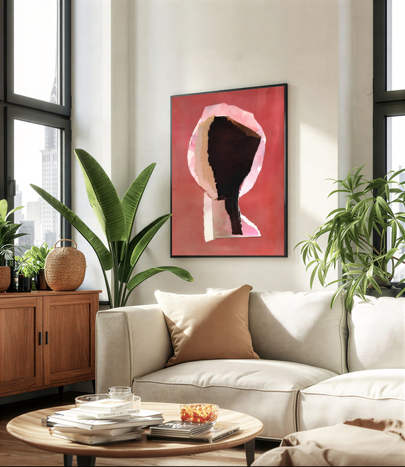 Modern living room with a beige sofa, wooden sideboard, and a framed artwork on the wall.