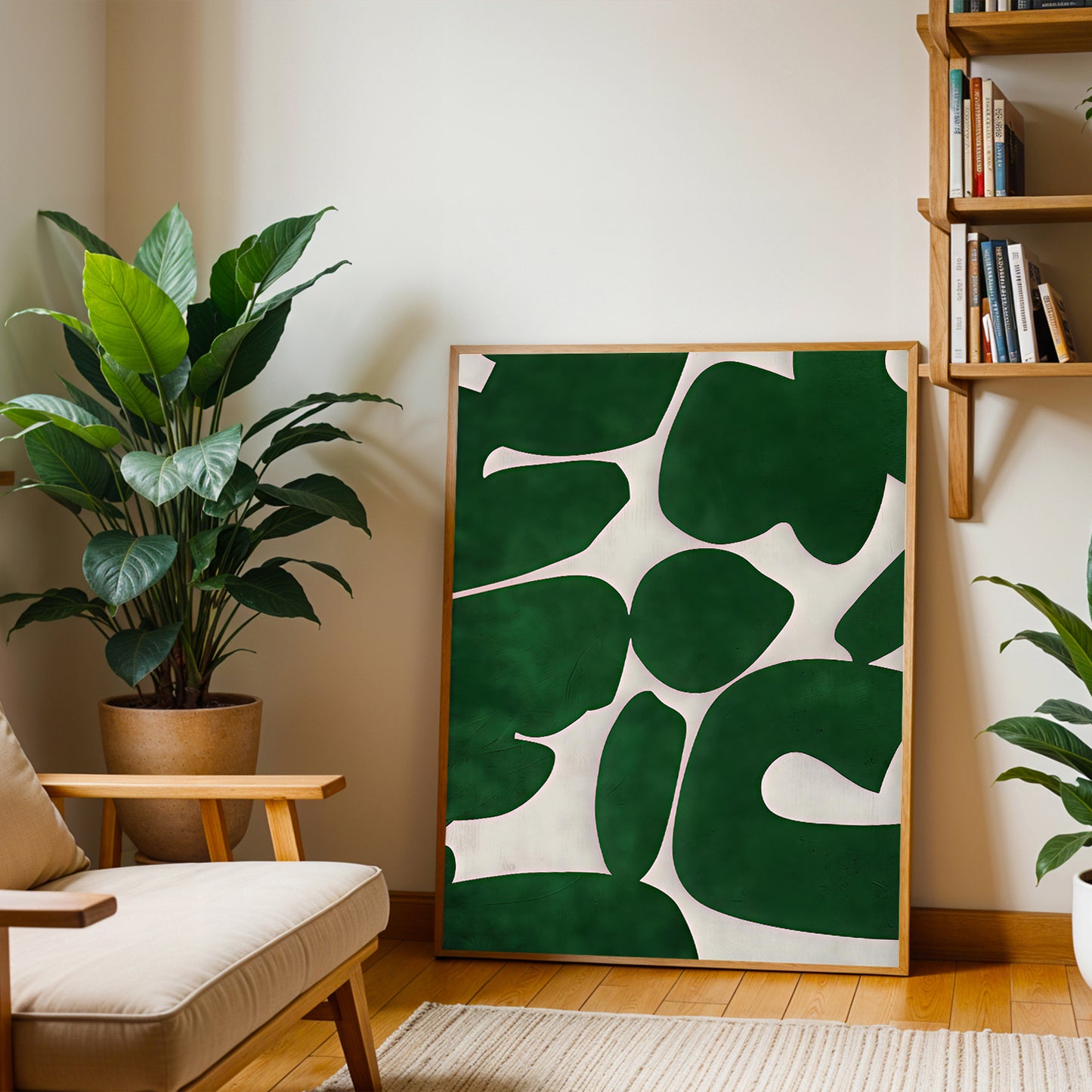 Living room with a plant, framed artwork, and bookshelf.