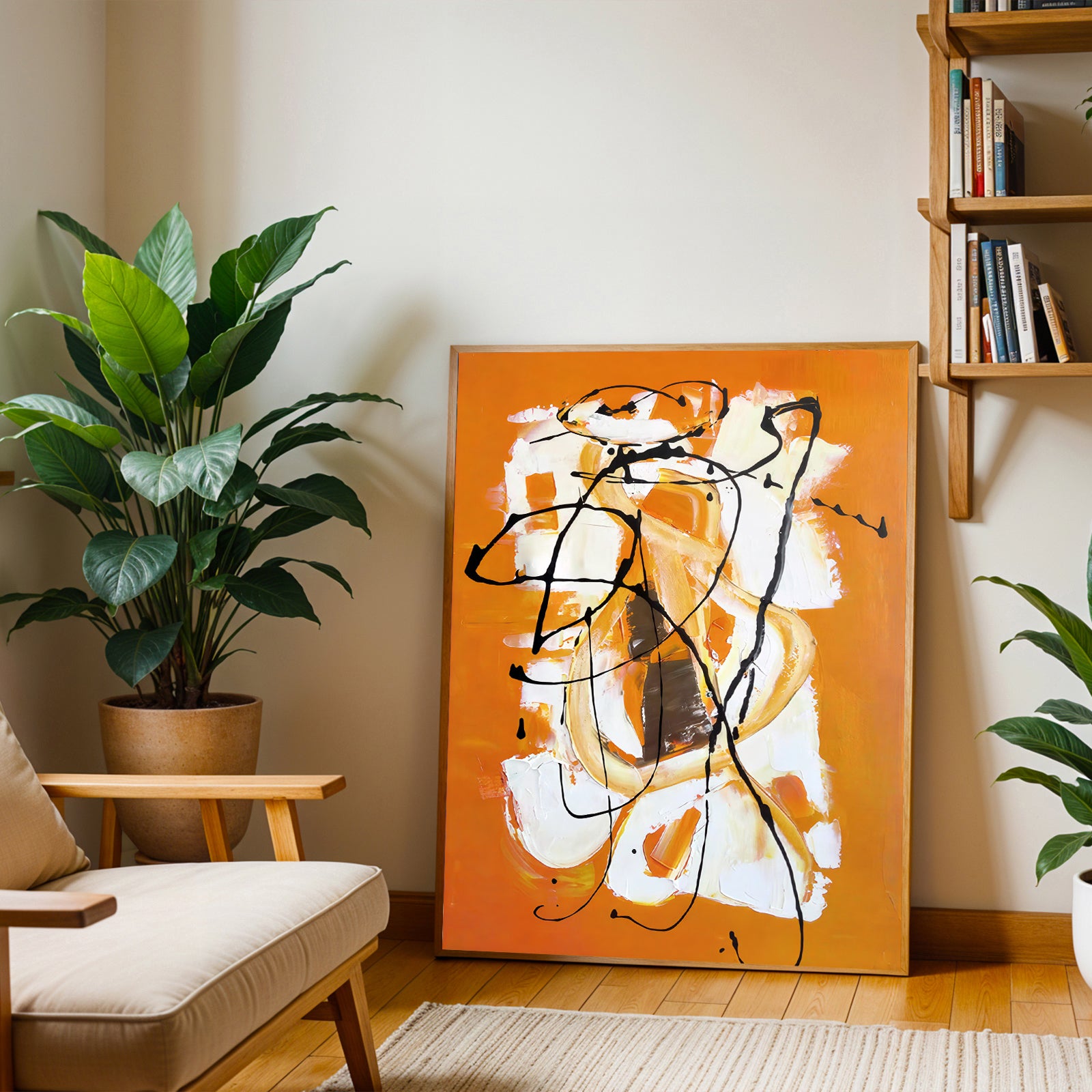 Living room with abstract art, plants, and a bookshelf.