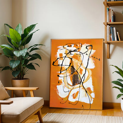 Living room with abstract art, plants, and a bookshelf.