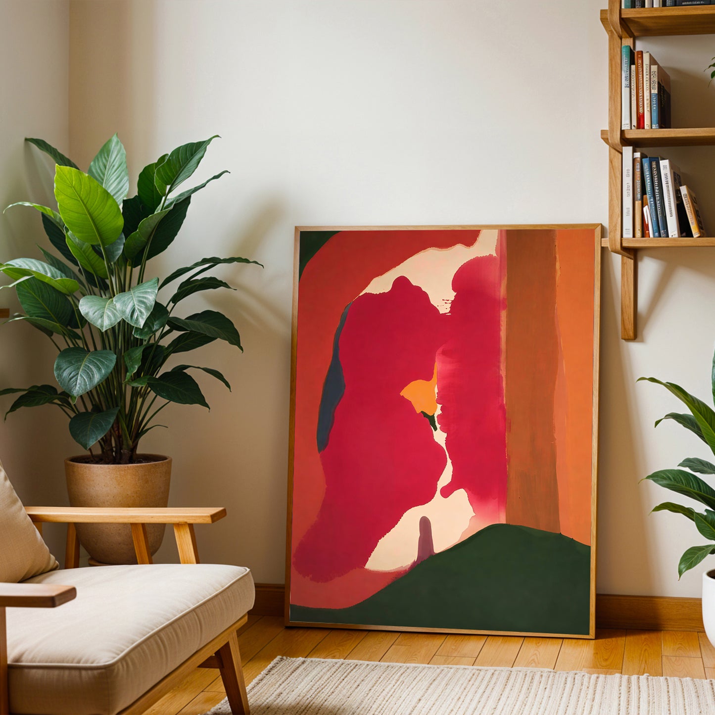 Living room with a colorful abstract painting, plants, and a bookshelf.