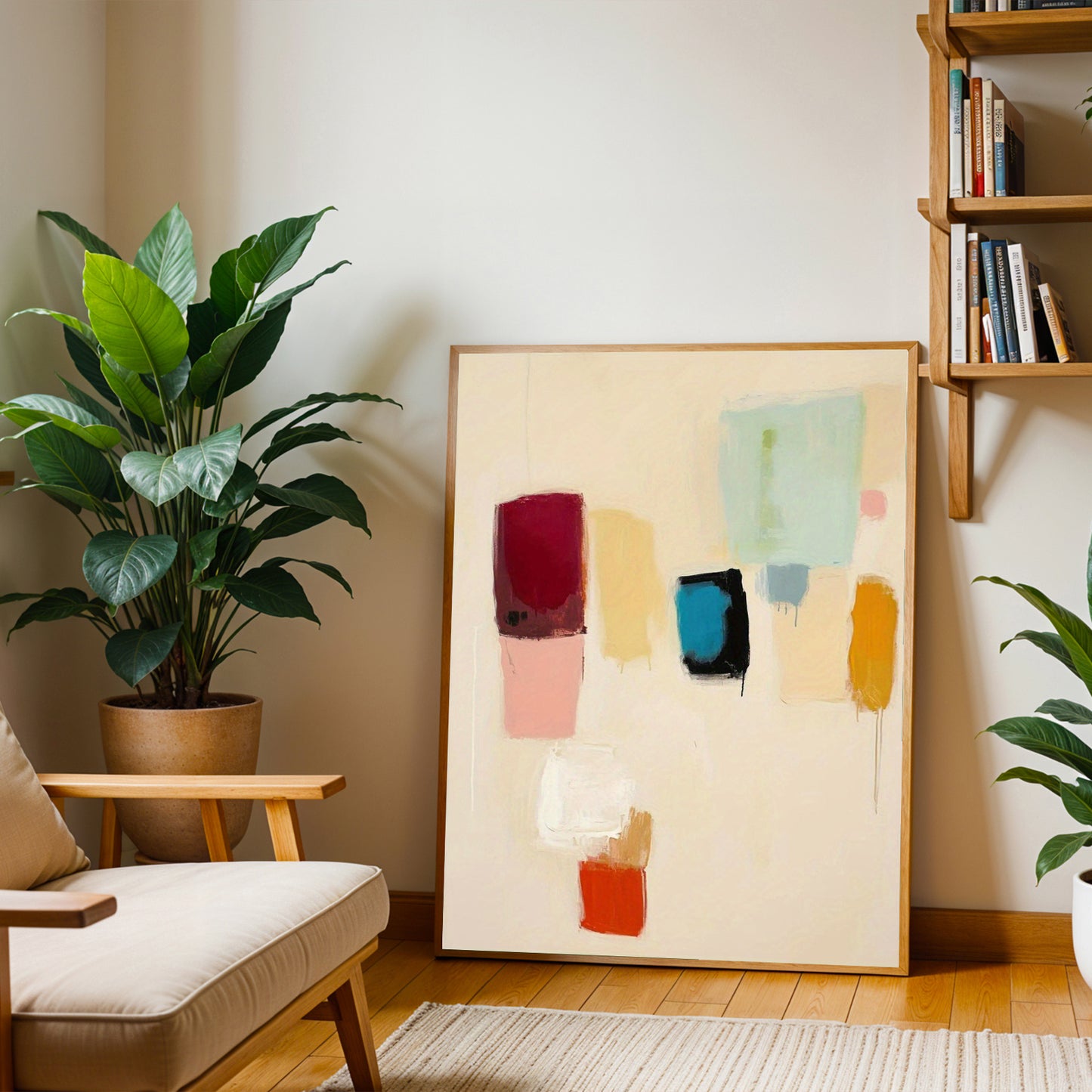 Living room with abstract art, plants, and a bookshelf.