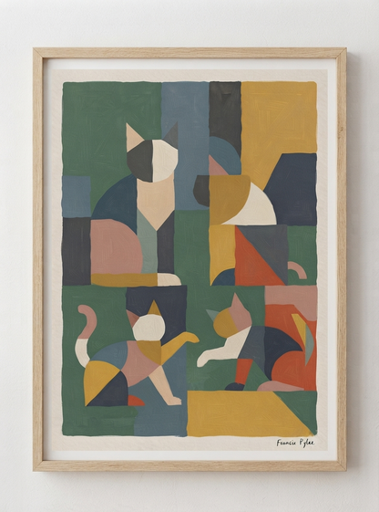Mid-Century Modern Geometric Cat Acrylic Poster

framed Abstract cubist cat acrylic print with clean geometric composition and earthy retro palette, original artwork by Francis Phylae at PrintHaus.