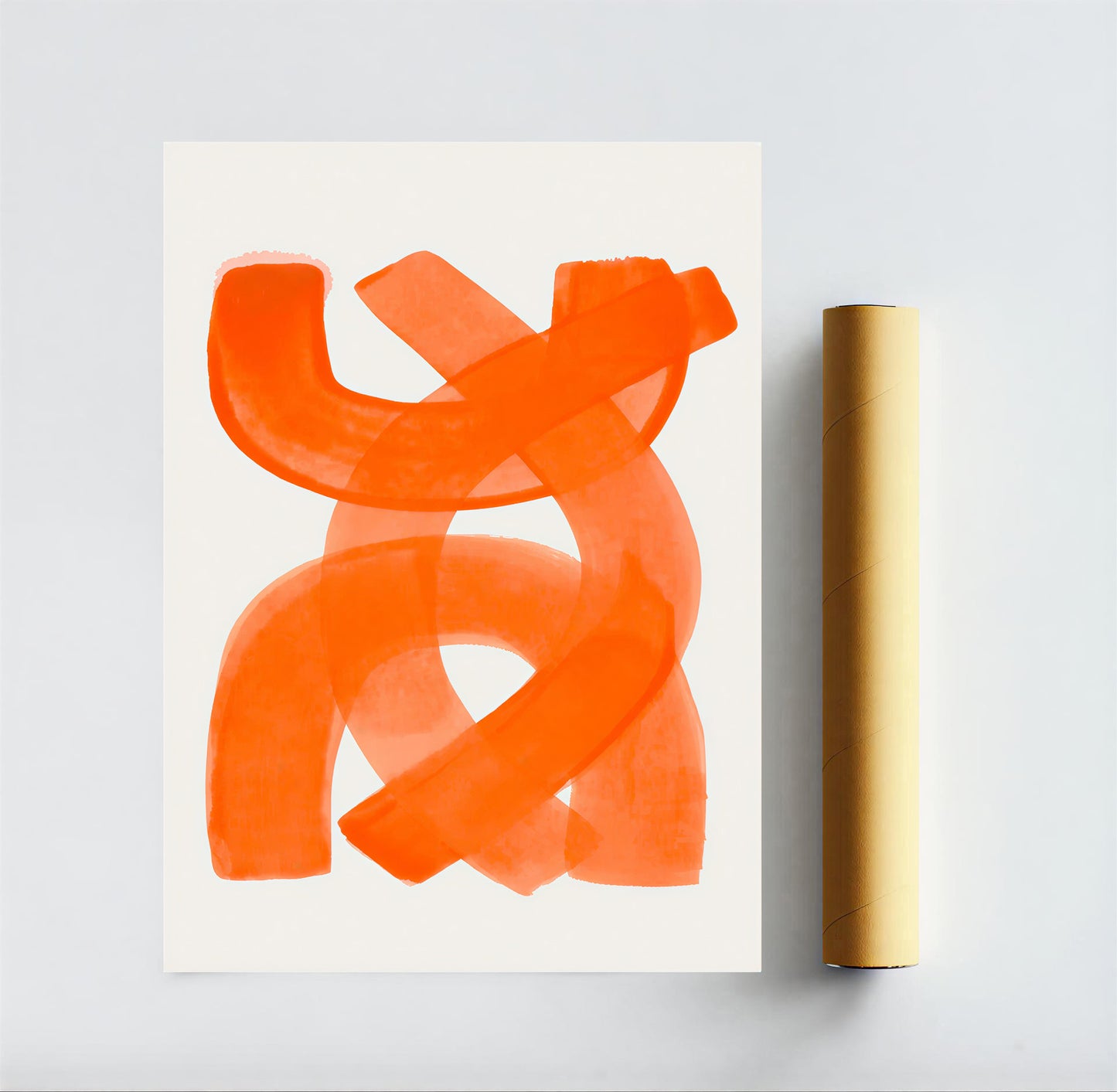 Abstract orange artwork on a white background with a gold roll of paper.