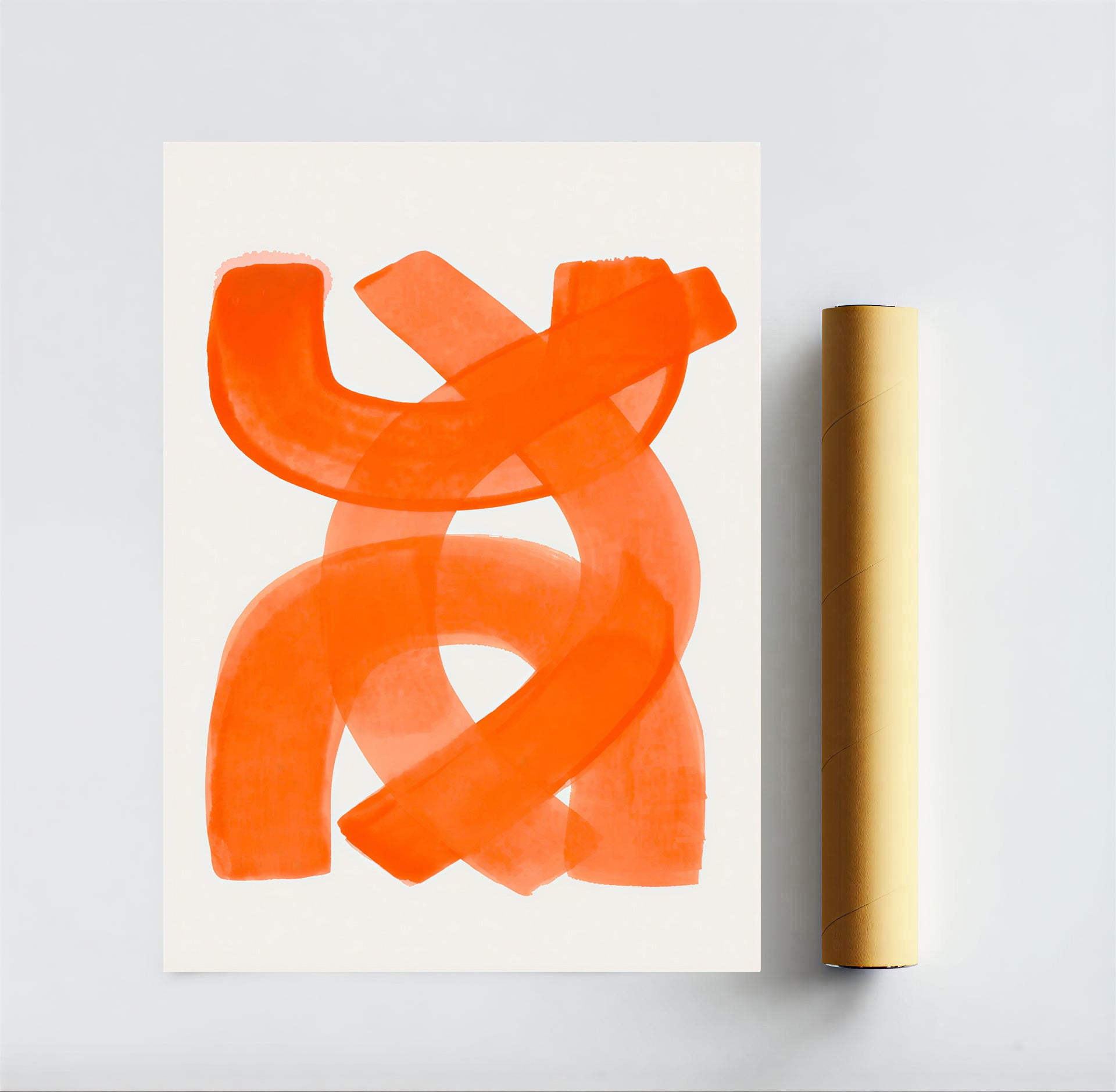 Abstract orange artwork on a white background with a gold roll of paper.