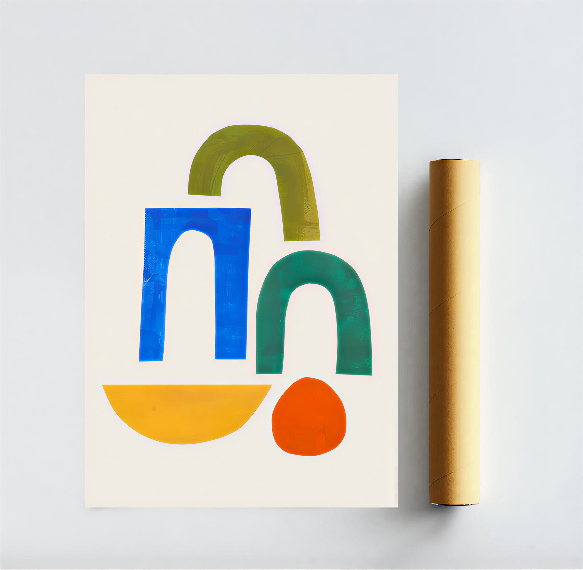 Abstract art print with colorful geometric shapes on a white background