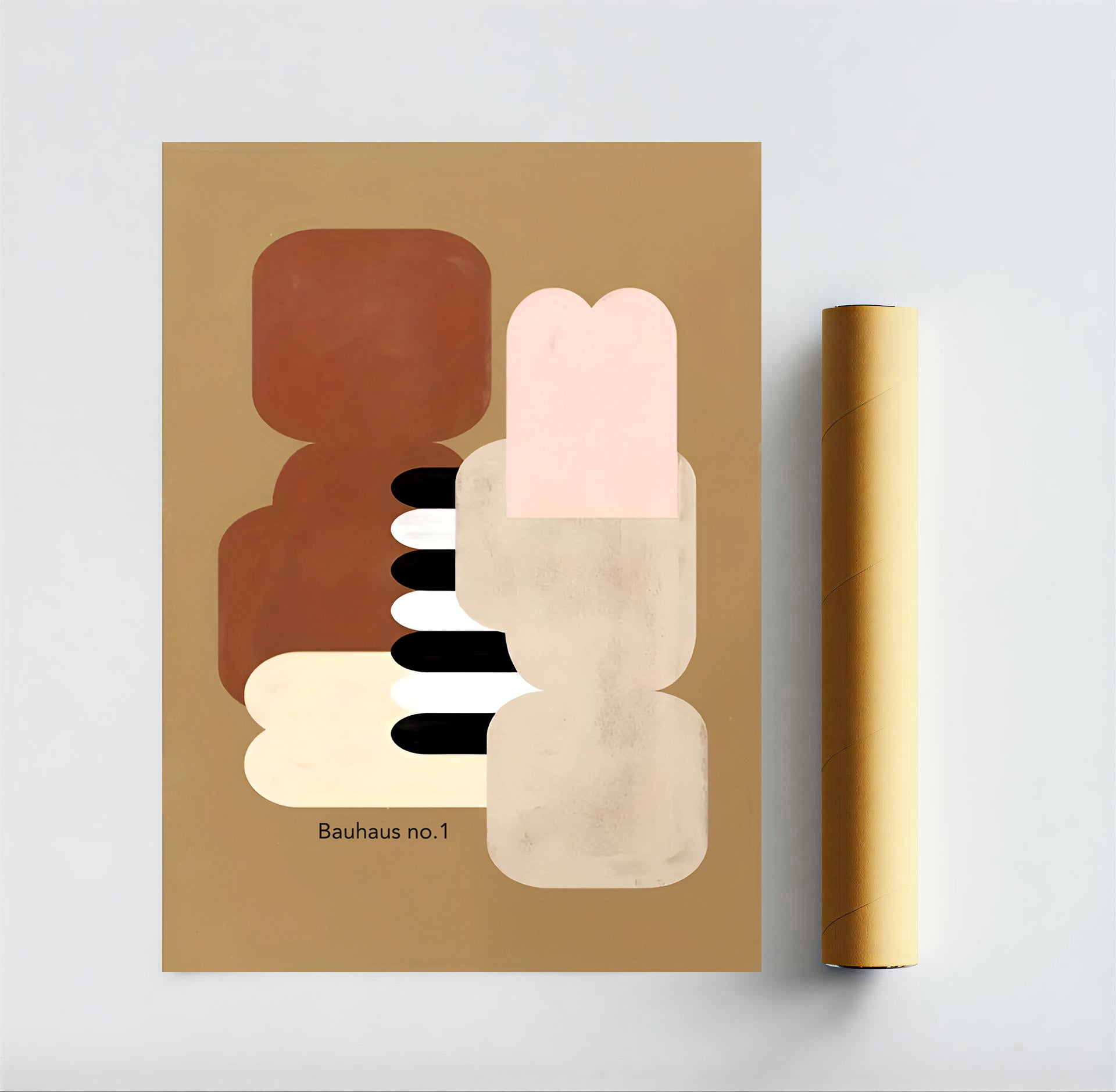 Abstract art print with geometric shapes on a beige background