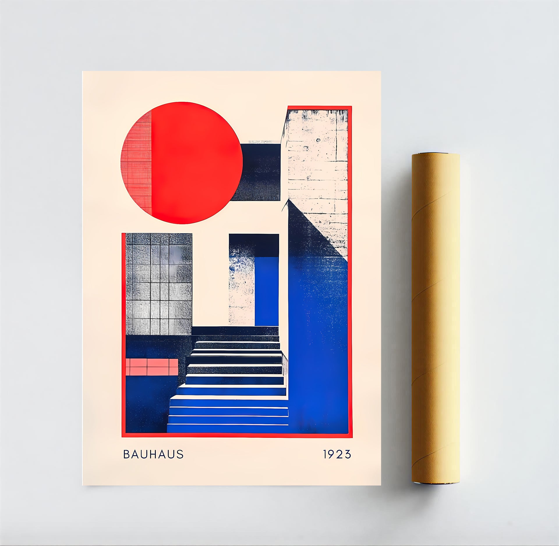 Bauhaus poster with geometric design and roll of paper on a light gray background