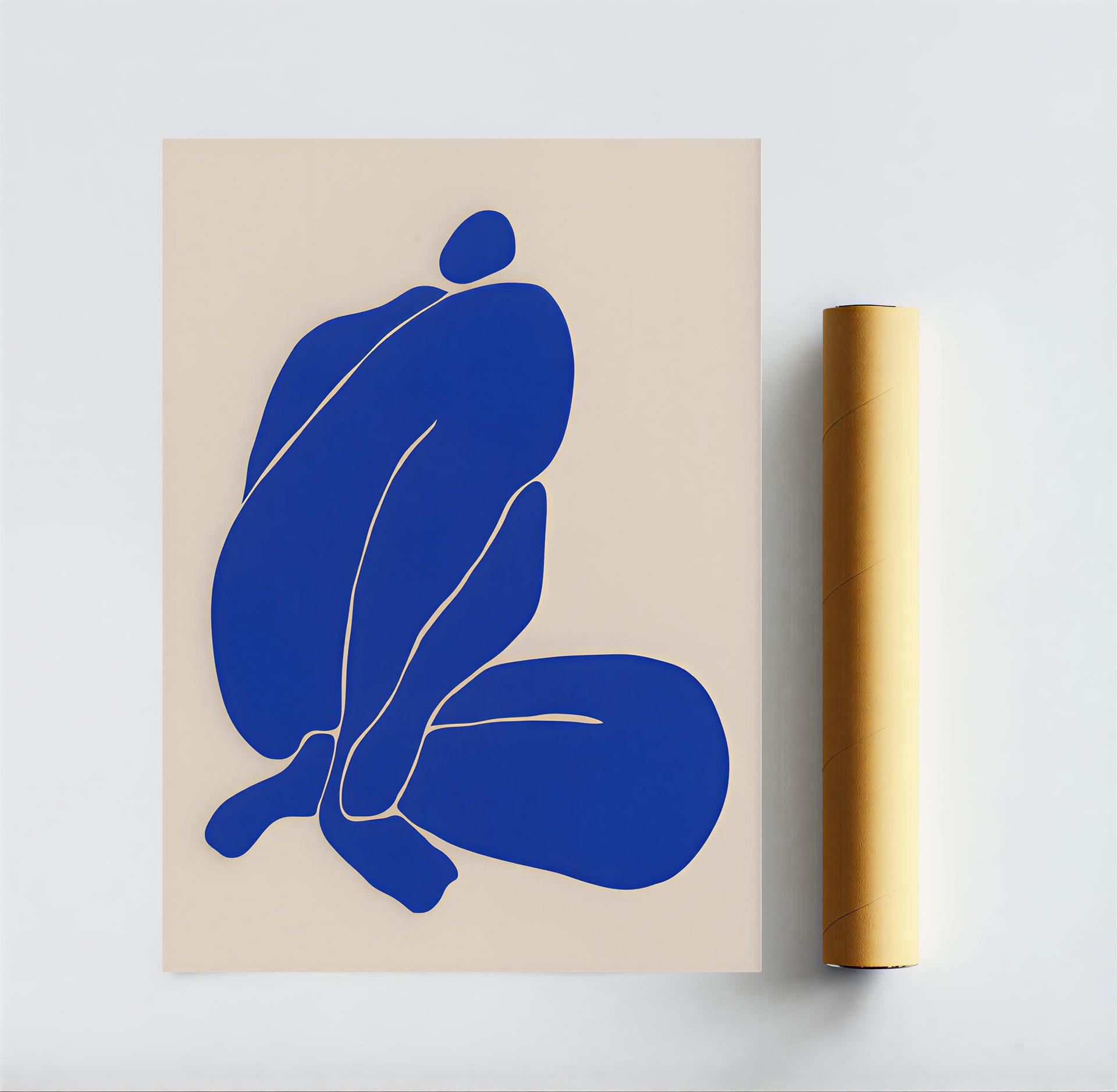 Beige poster with a blue abstract figure on a white background