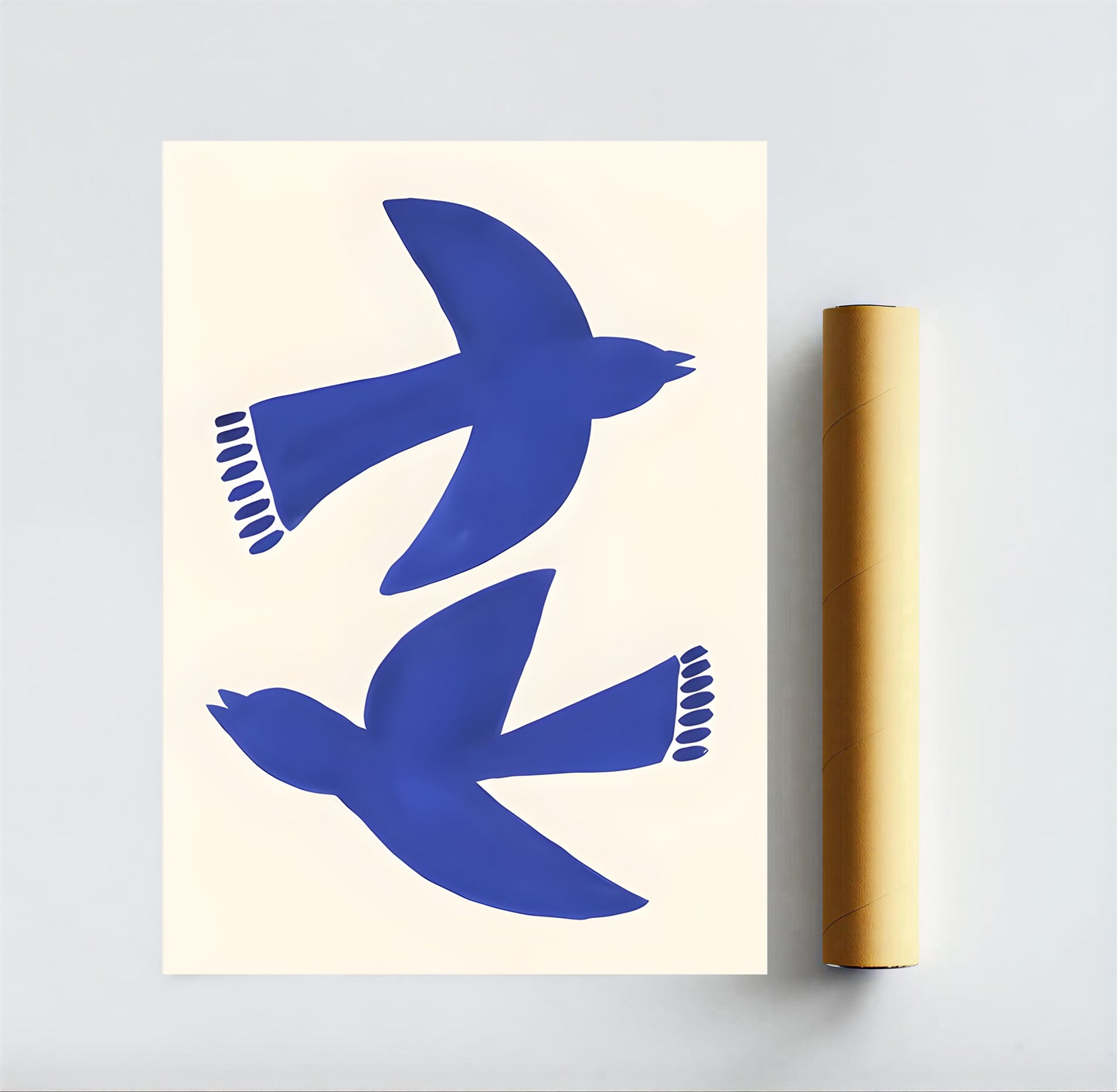 Canvas with blue bird illustrations on a light gray background