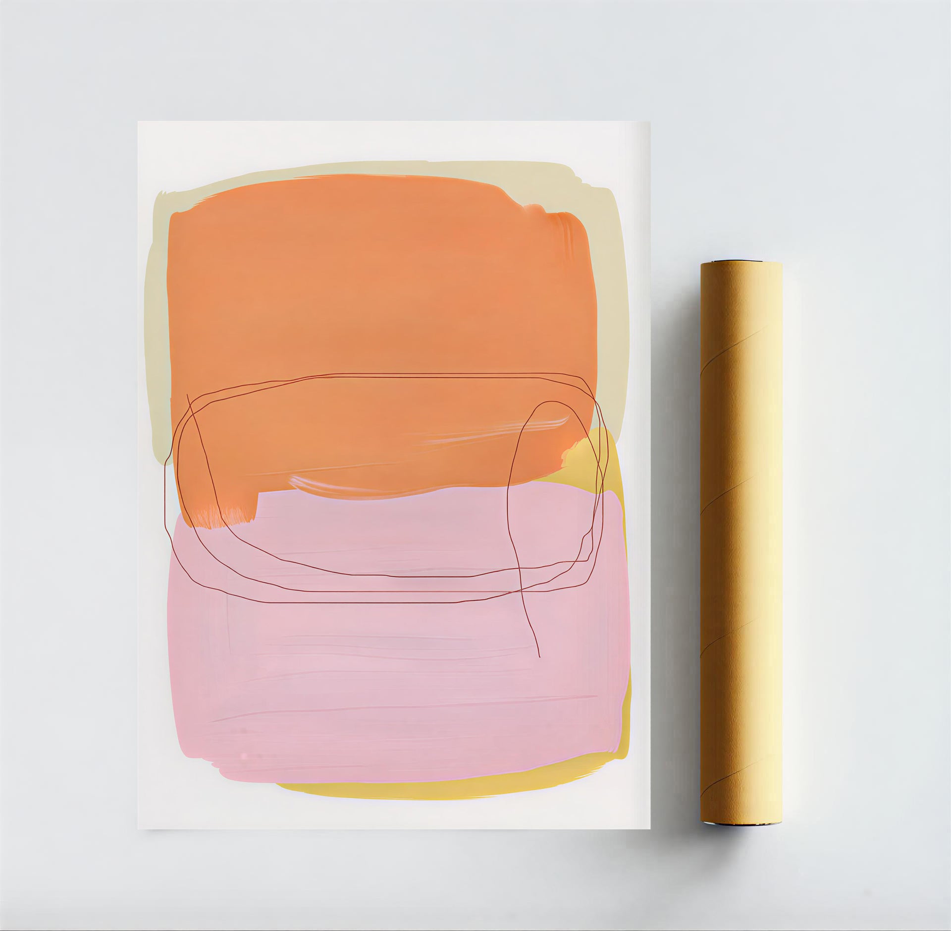 Abstract art print with orange, pink, and yellow colors on a white background