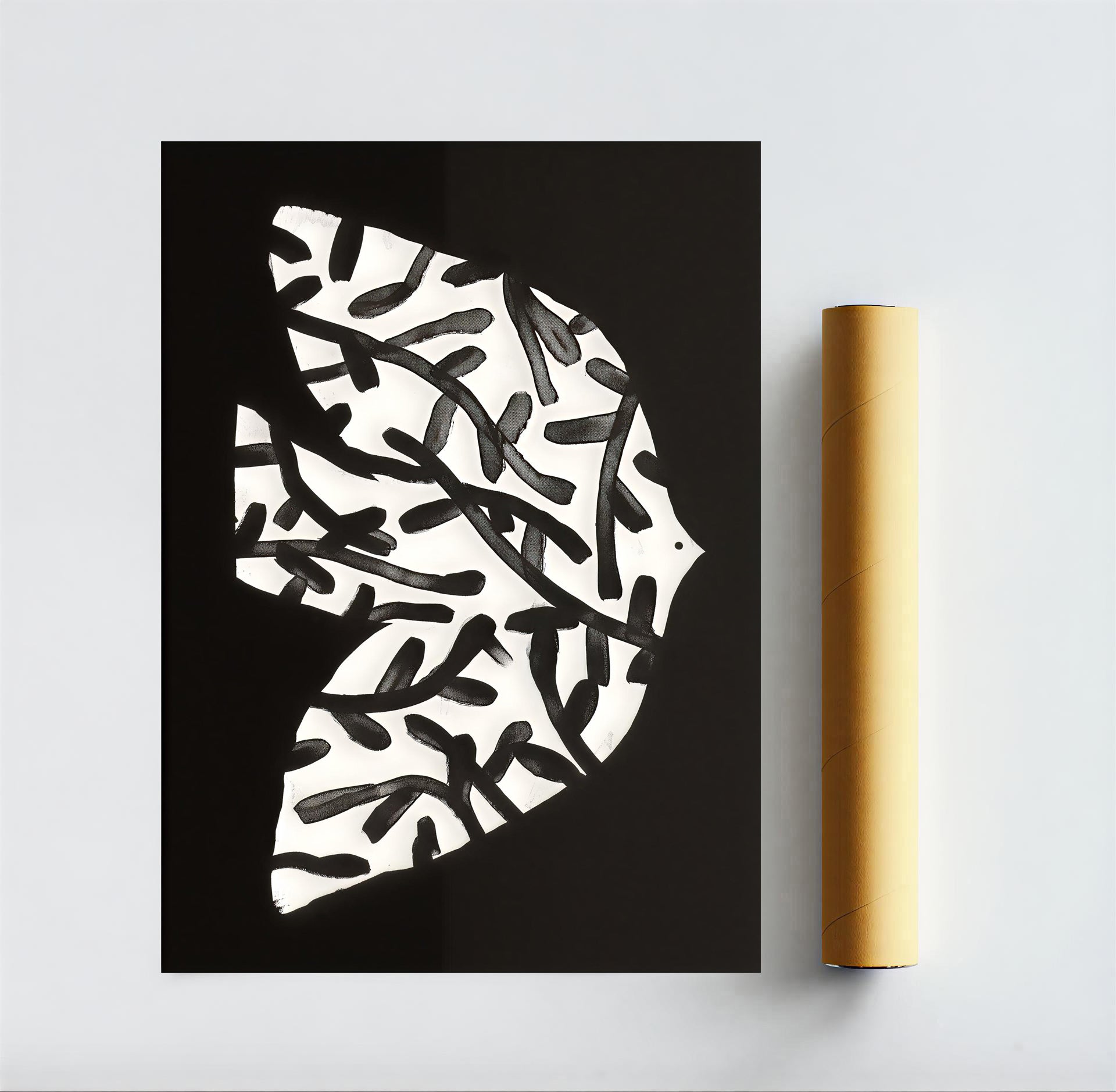Abstract black and white artwork on a black background with a gold cylindrical object beside it.
