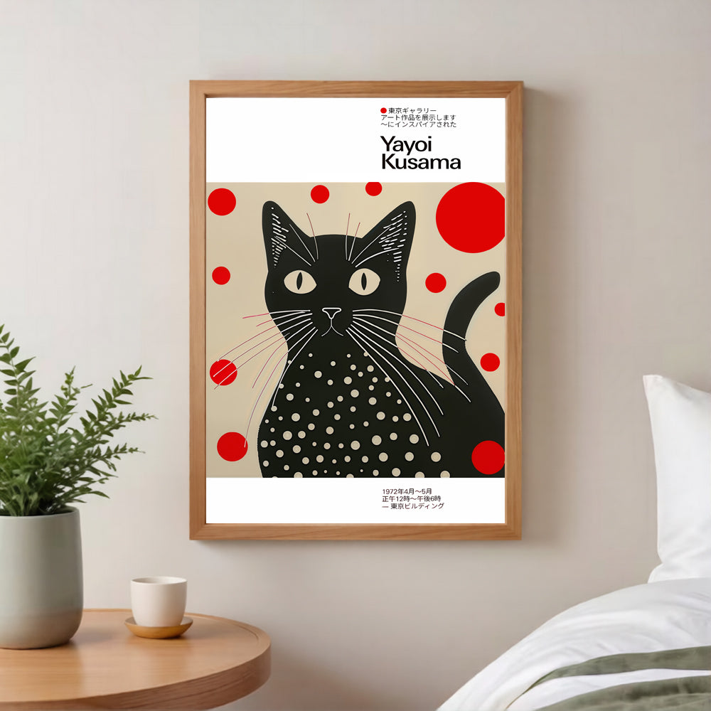 Framed artwork of a black cat with red dots by Yayoi Kusama on a wall in a room.