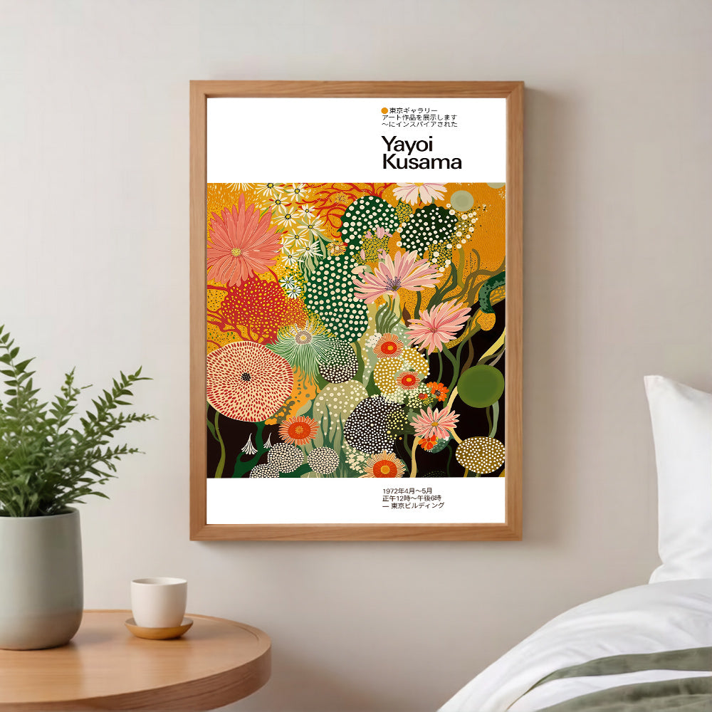 Yayoi kusama inspired floral polka dot poster print hanging on wall decor