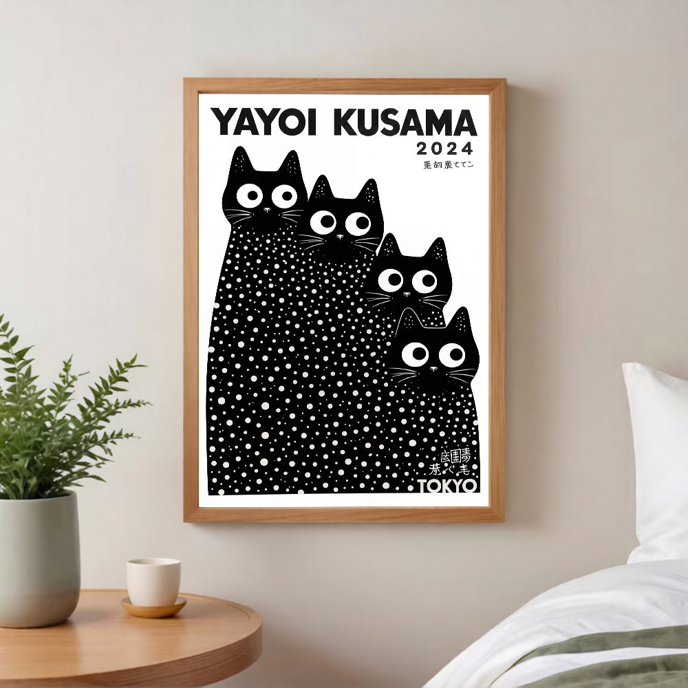 Framed inspired Yayoi Kusama cats artwork with black cats on a white background in a room setting.