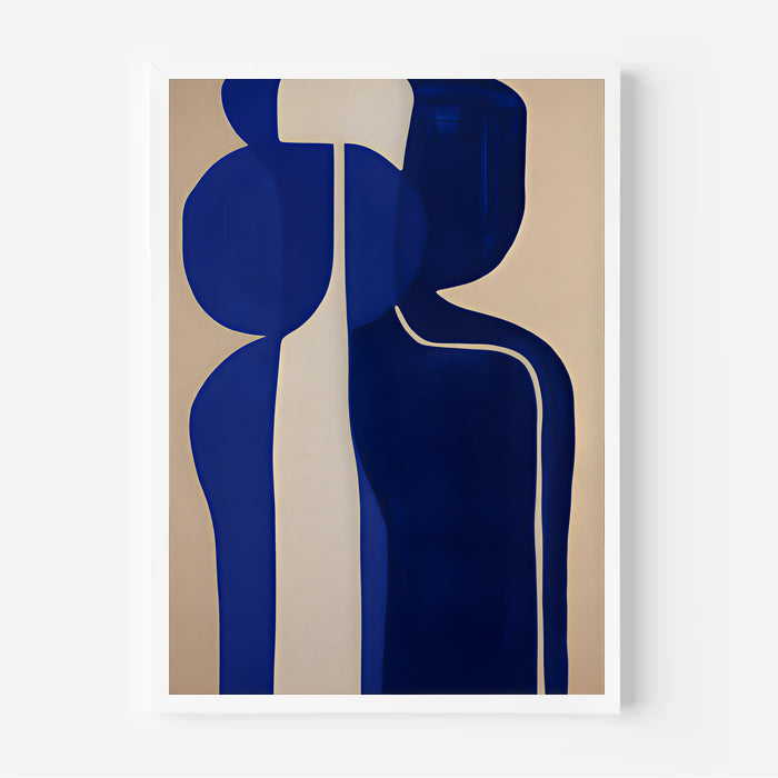 Abstract art print with blue shapes on a beige background