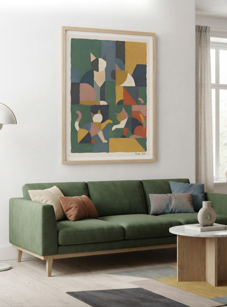 Premium Mid-Century Modern Geometric Cat Acrylic Poster with cubist cat acrylic wall art inspired by Bauhaus design, professionally printed on glossy acrylic by PrintHaus.