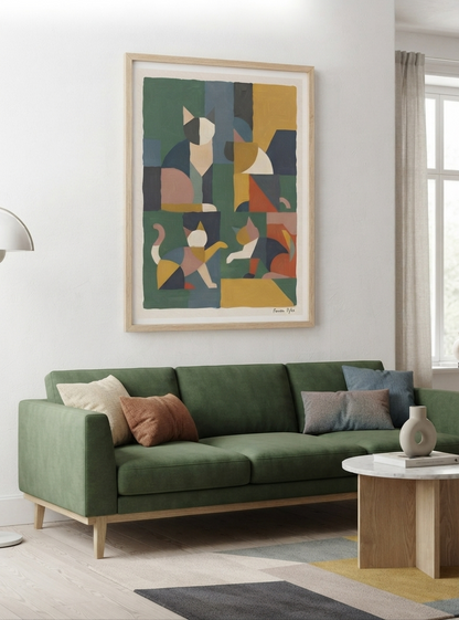 Premium Mid-Century Modern Geometric Cat Acrylic Poster with cubist cat acrylic wall art inspired by Bauhaus design, professionally printed on glossy acrylic by PrintHaus.