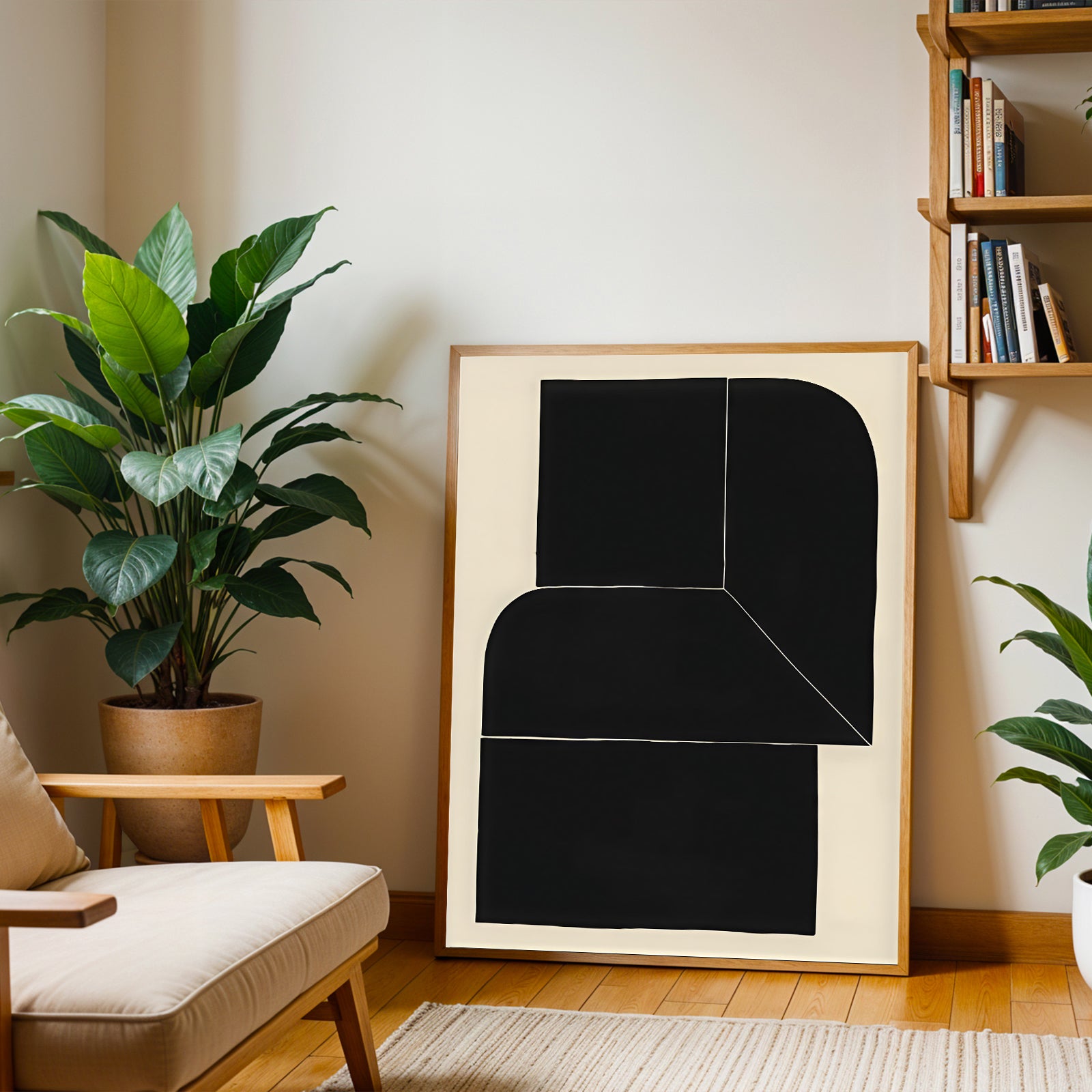 Living room with a plant, sofa, abstract art, and bookshelf.