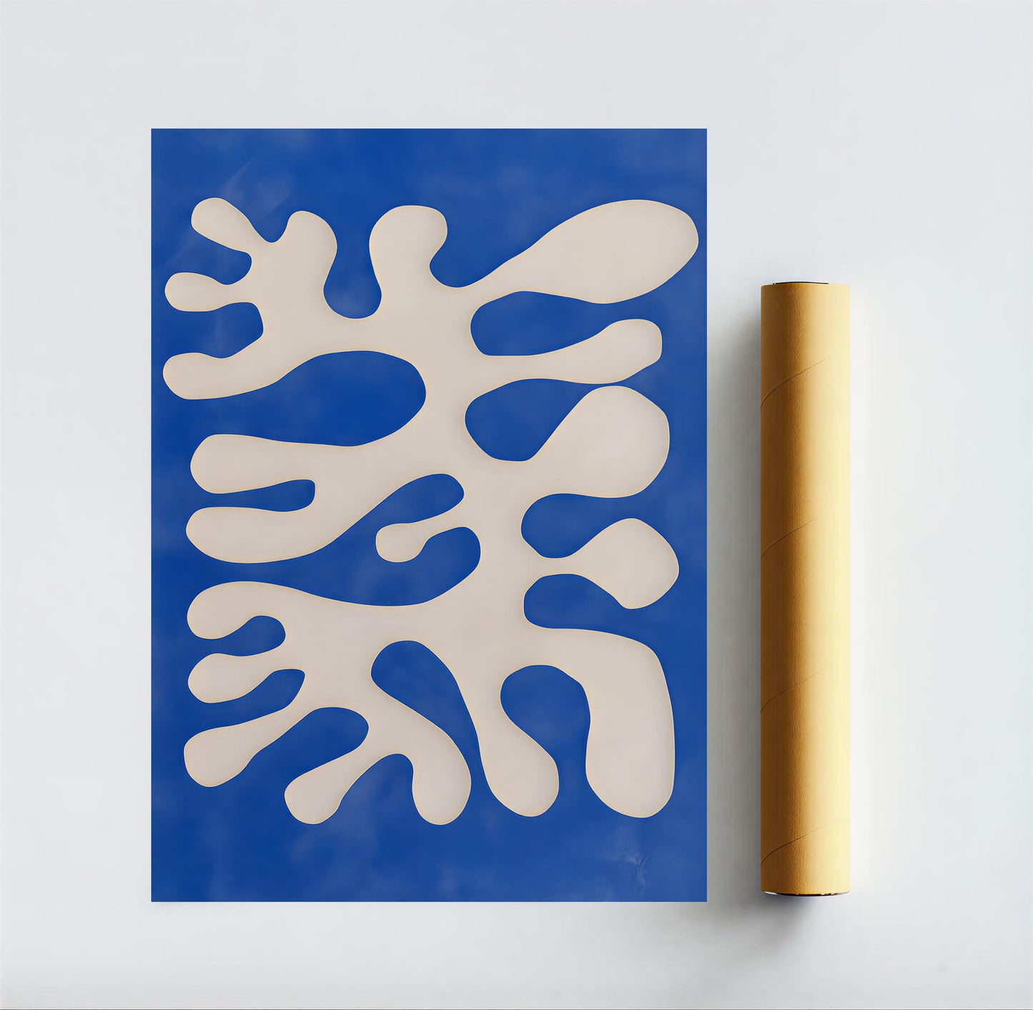 Abstract white design on a blue background with a gold cylindrical object beside it.