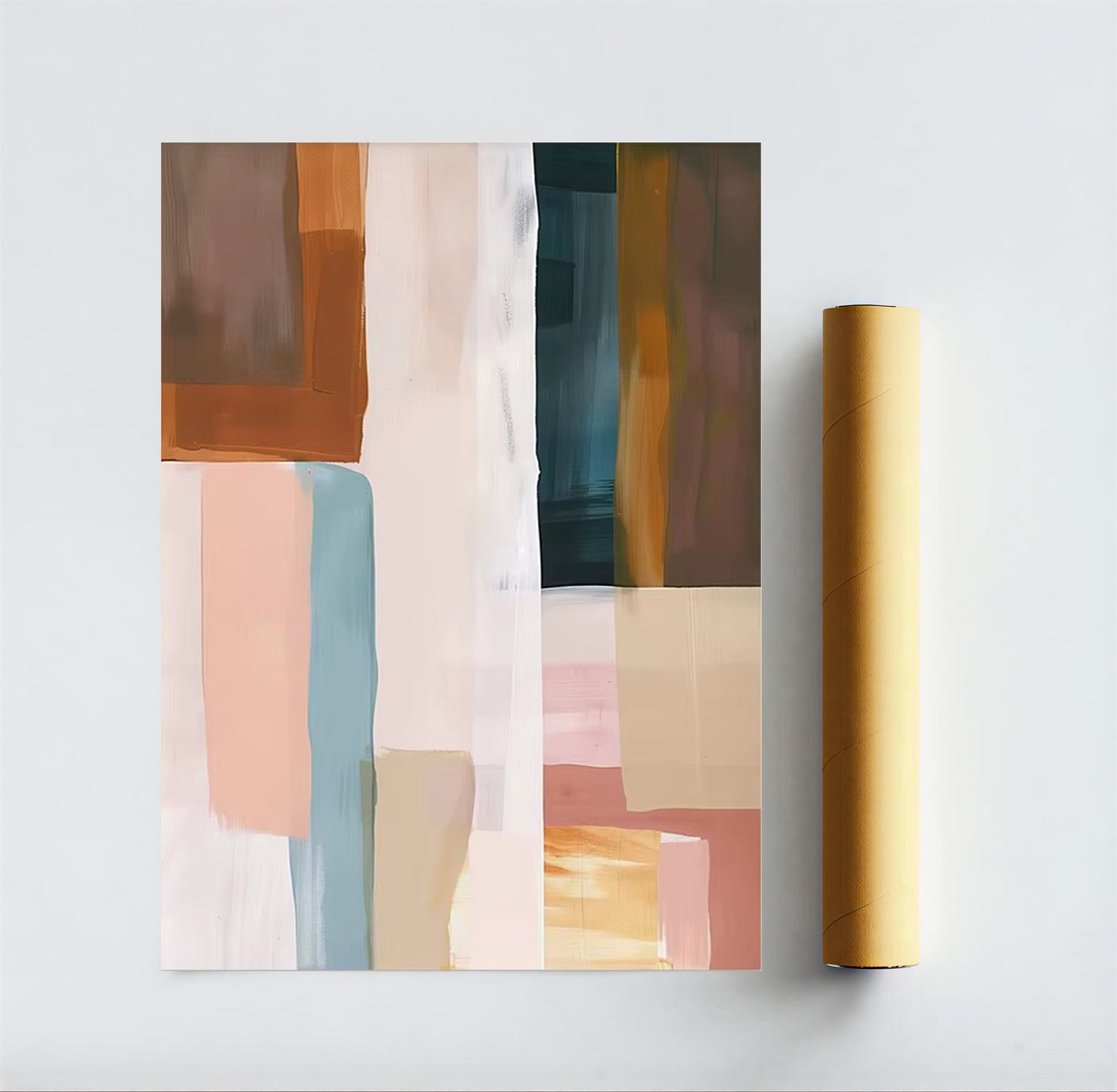 Abstract art print with colorful geometric shapes next to a roll of paper on a white background