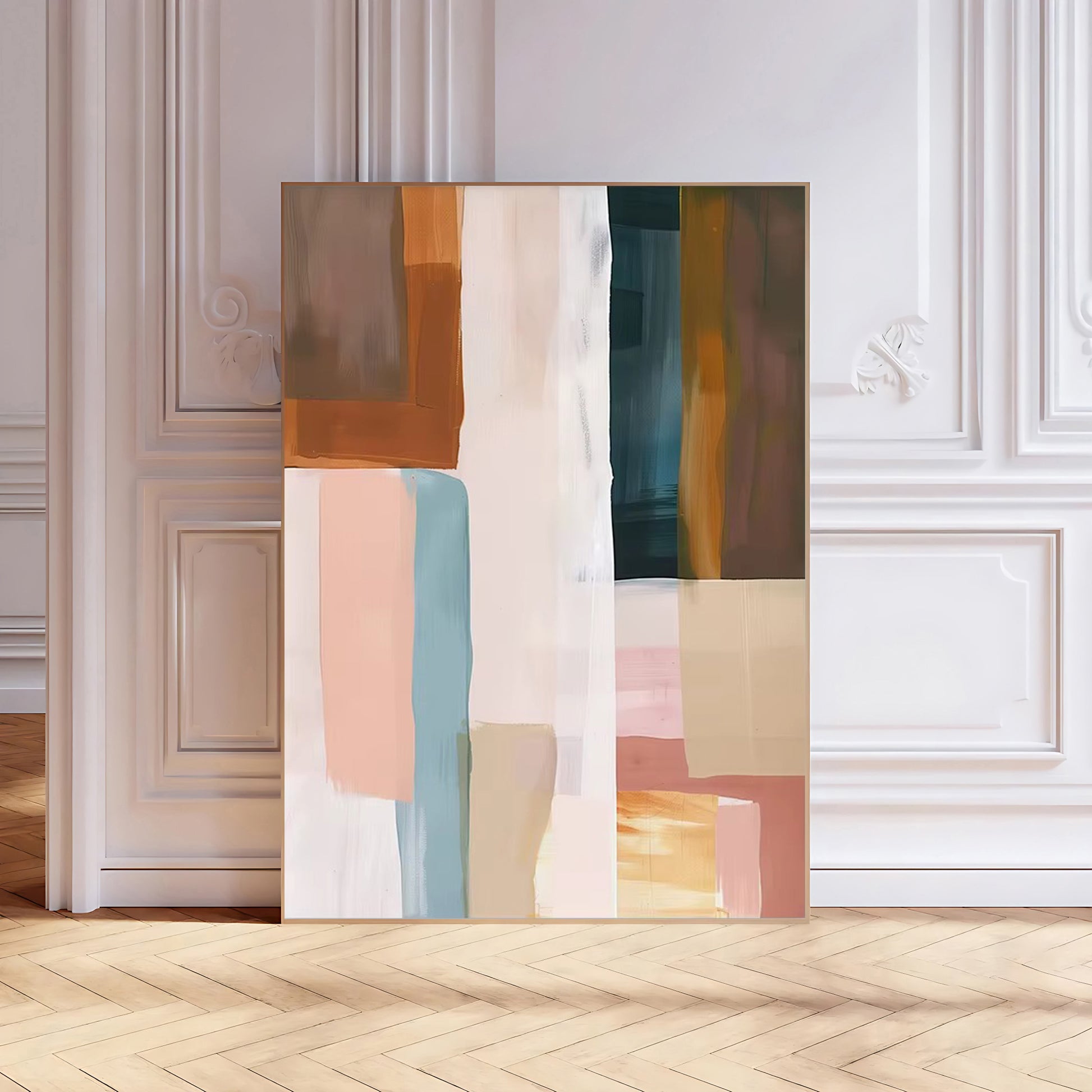 Abstract art piece with geometric shapes on a wall in a room with wooden flooring.