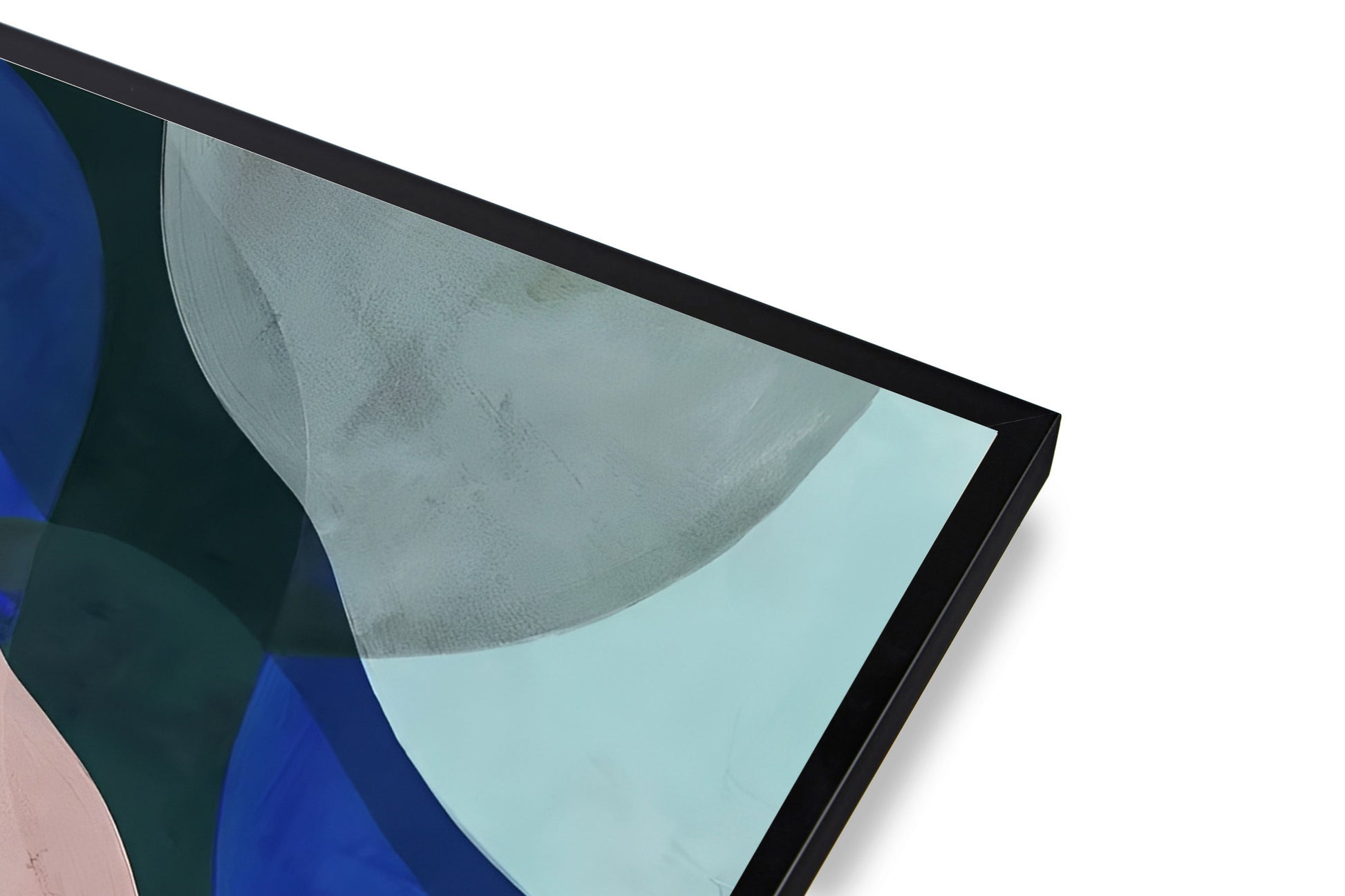 Close-up of a modern abstract painting with geometric shapes on a white background