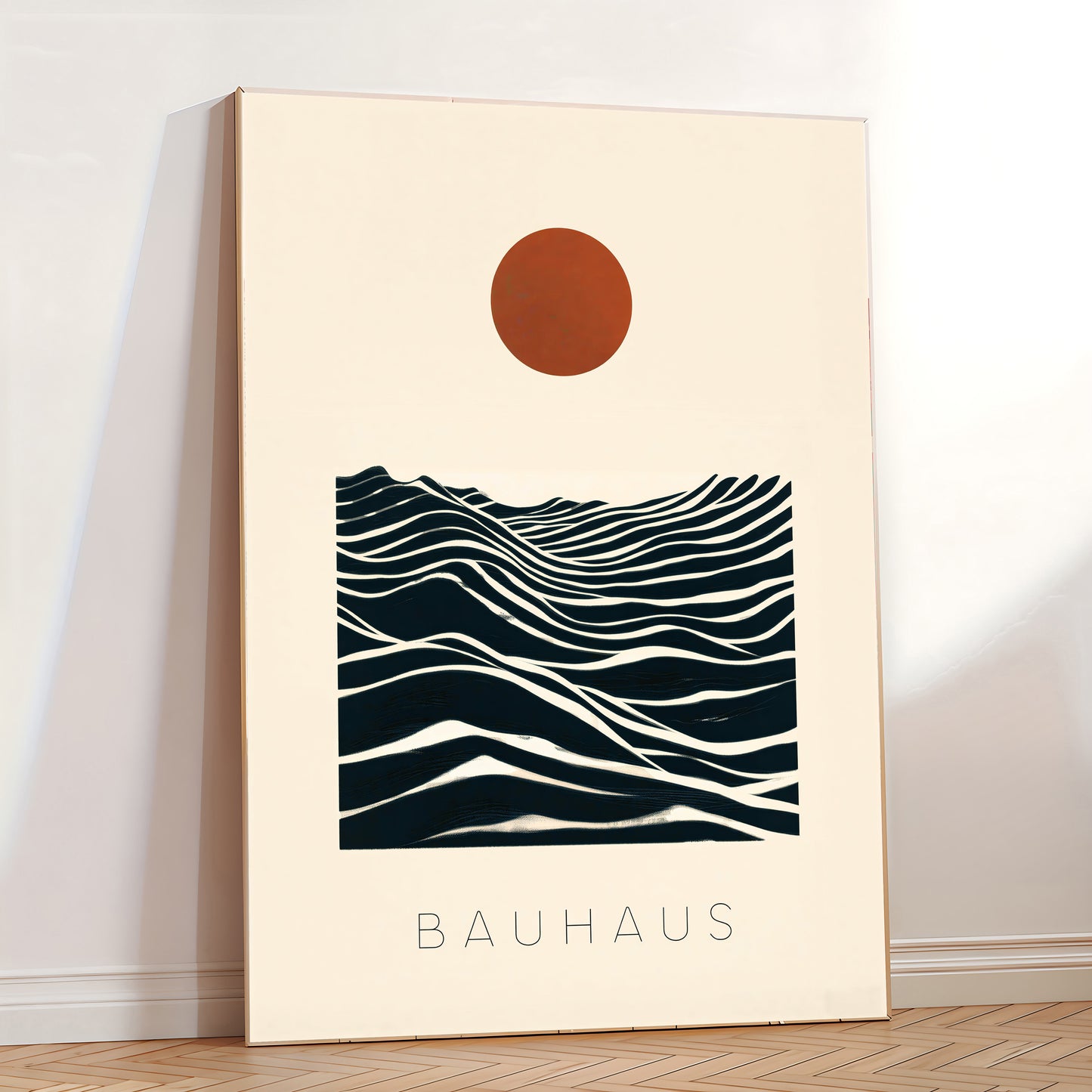 abstract wave line art print with sun