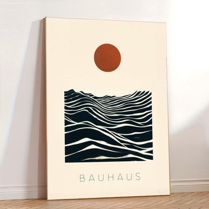 abstract wave line art print with sun