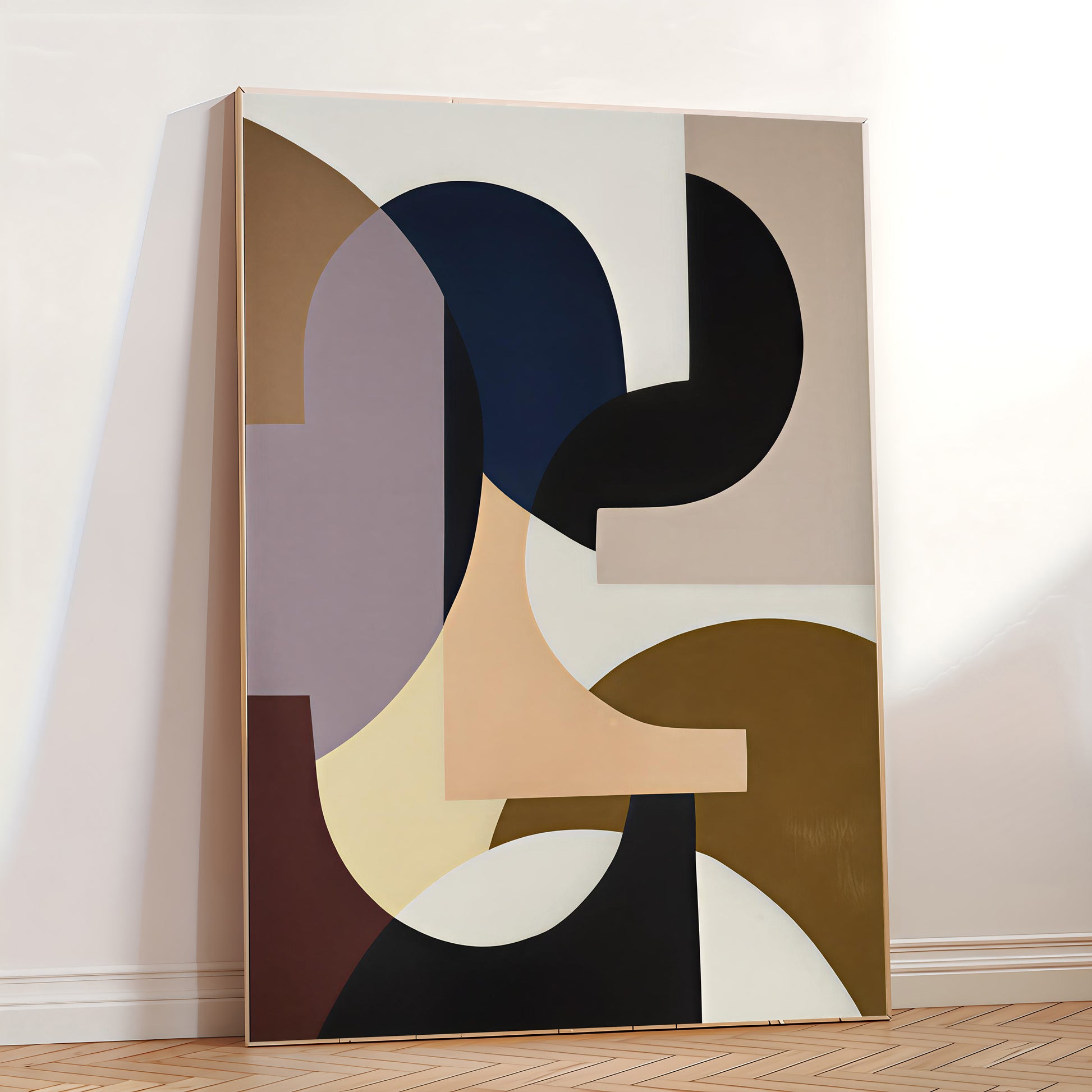 Abstract art piece with geometric shapes on a wall