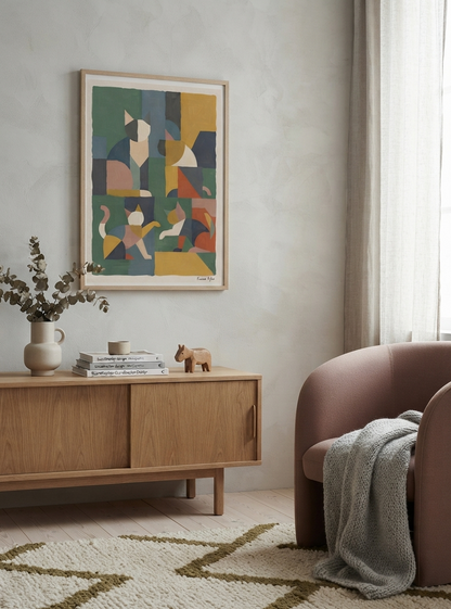 Mid-Century Modern Geometric Cat Acrylic Poster

Mid Century Modern cat acrylic art inspired by Cubism and Scandinavian interiors, museum-quality acrylic wall art created by Francis Pylae for PrintHaus.