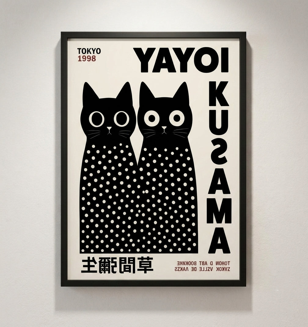 Framed artwork with Yayoi Kusama Inspired Black Cat Poster and text on a light gray background