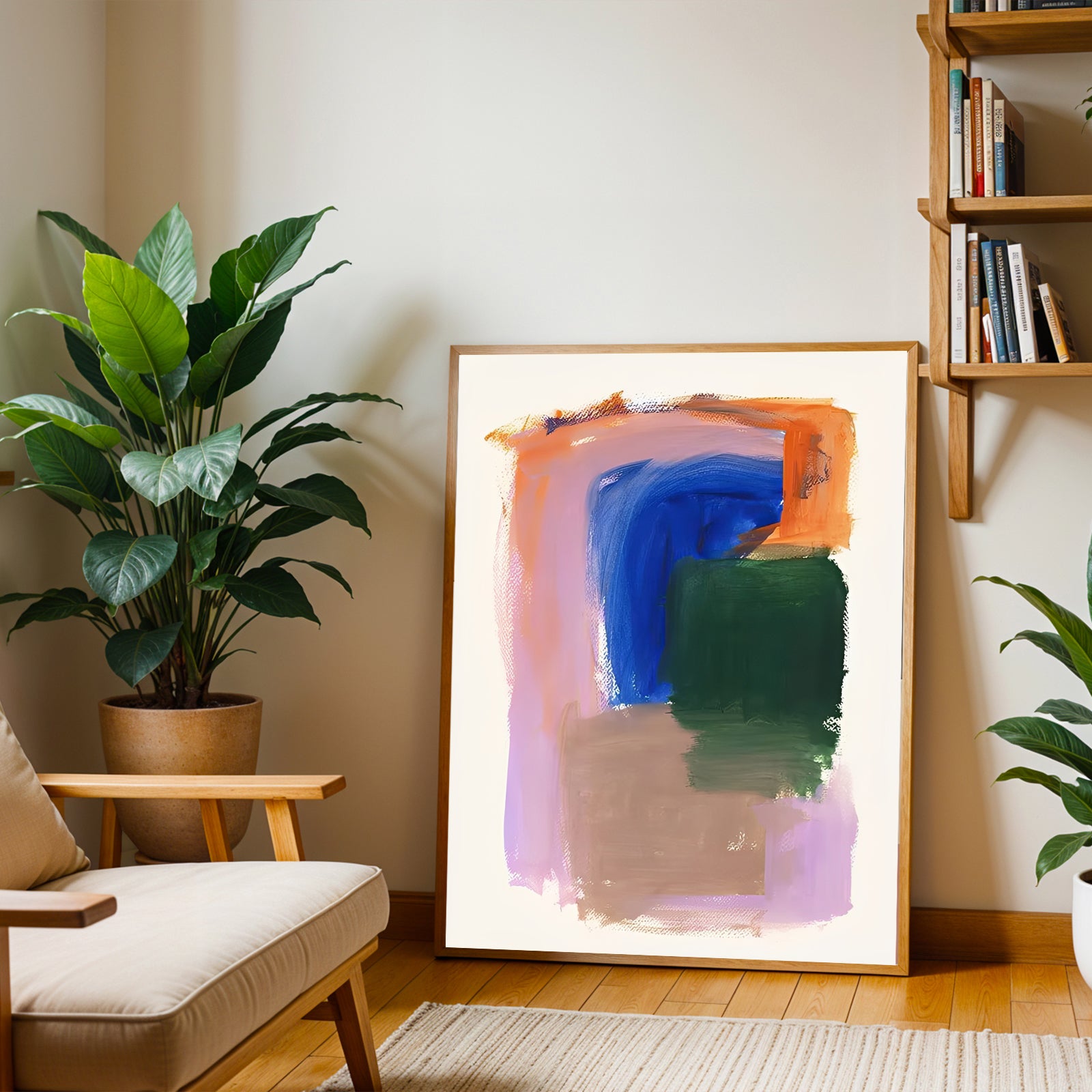 Abstract art print in a living room setting with plants and a bookshelf.