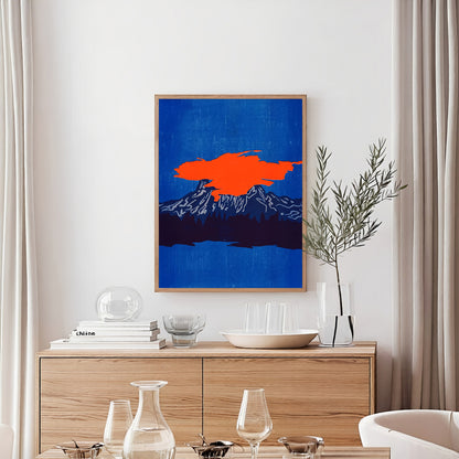 Modern interior with a wooden cabinet, decorative items, and a colorful abstract painting on the wall.