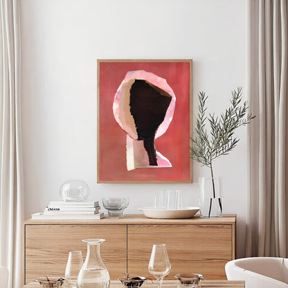 Modern interior with a wooden cabinet, abstract art, and decorative items.