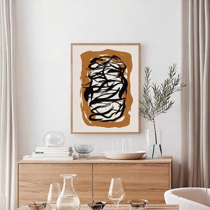 Modern interior with abstract art on the wall, wooden sideboard, and decorative items.