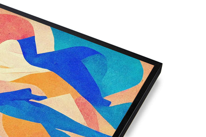 Abstract art piece with geometric shapes in blue, orange, and beige on a white background