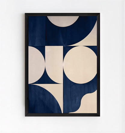 Framed abstract art print with geometric shapes on a white background