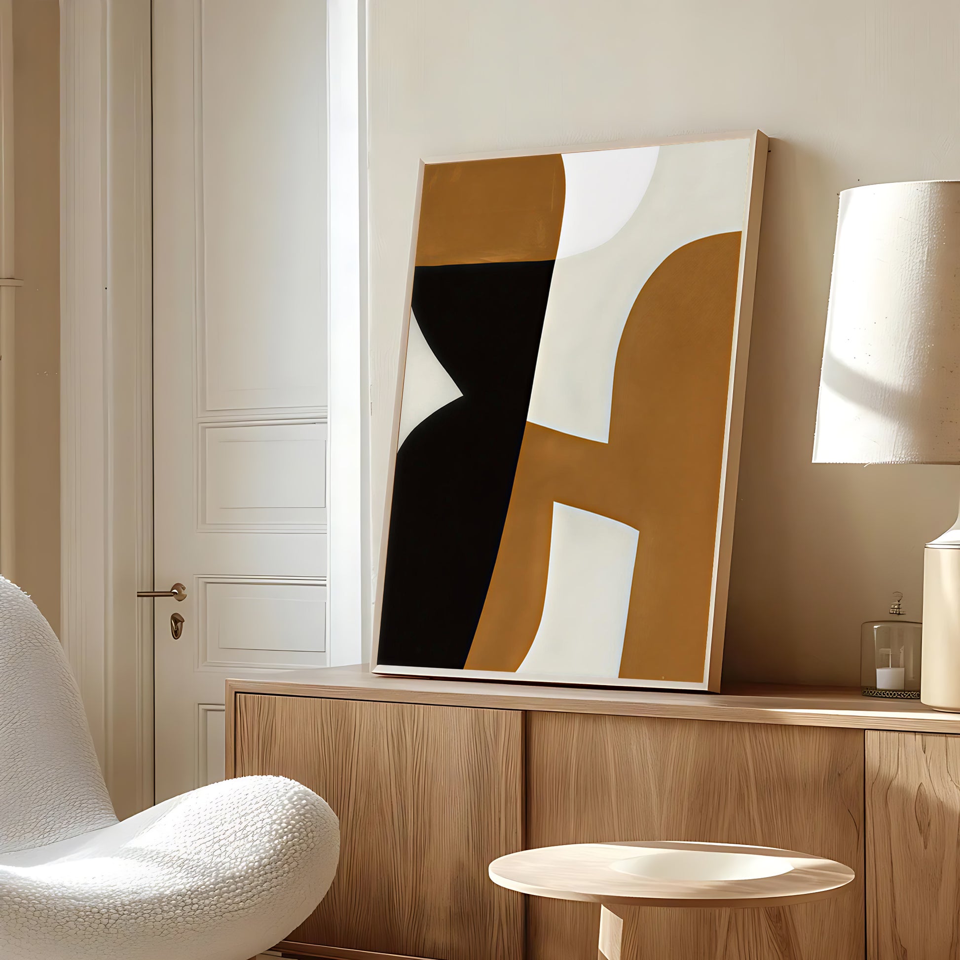 Abstract art piece on a wall in a modern interior setting