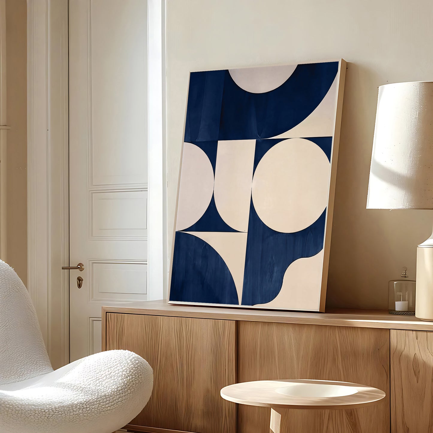 Modern interior with abstract art on a wooden shelf