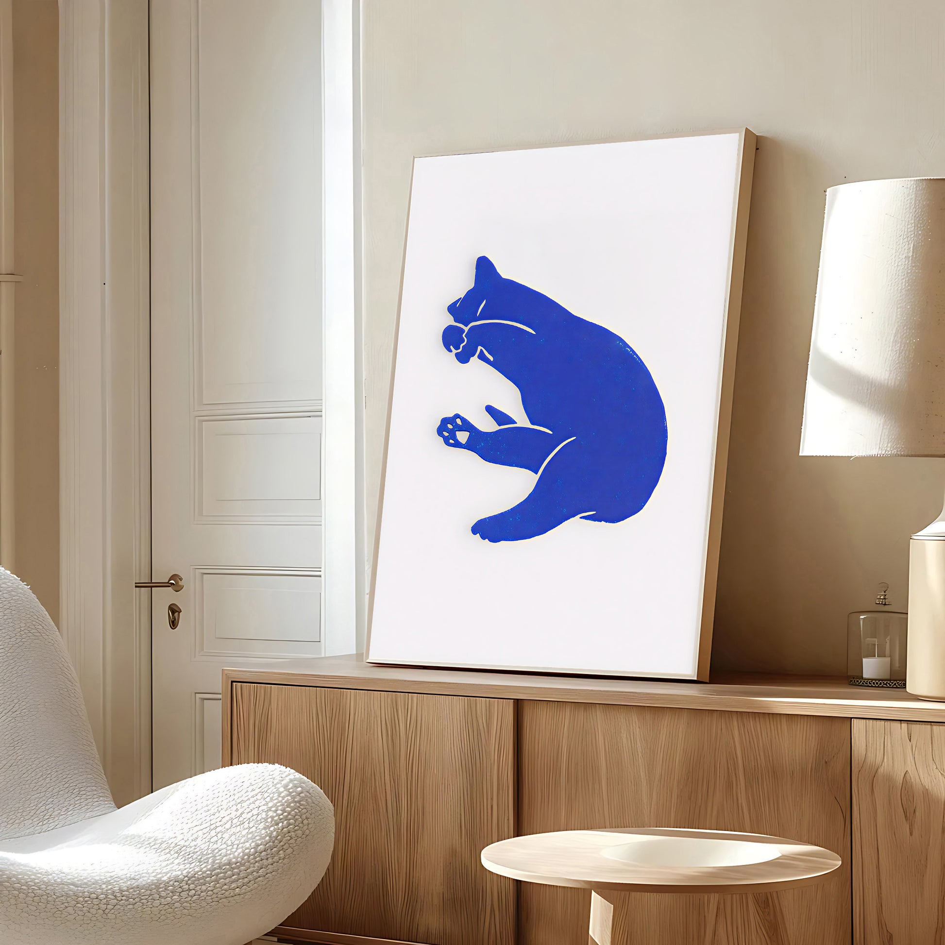 Scandinavian style blue cat wall art with clean aesthetic