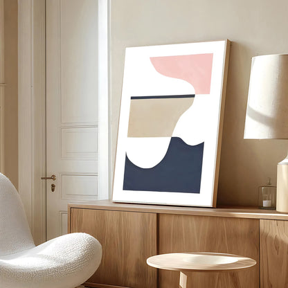 Abstract art piece on a wooden shelf in a room with a chair and lamp.