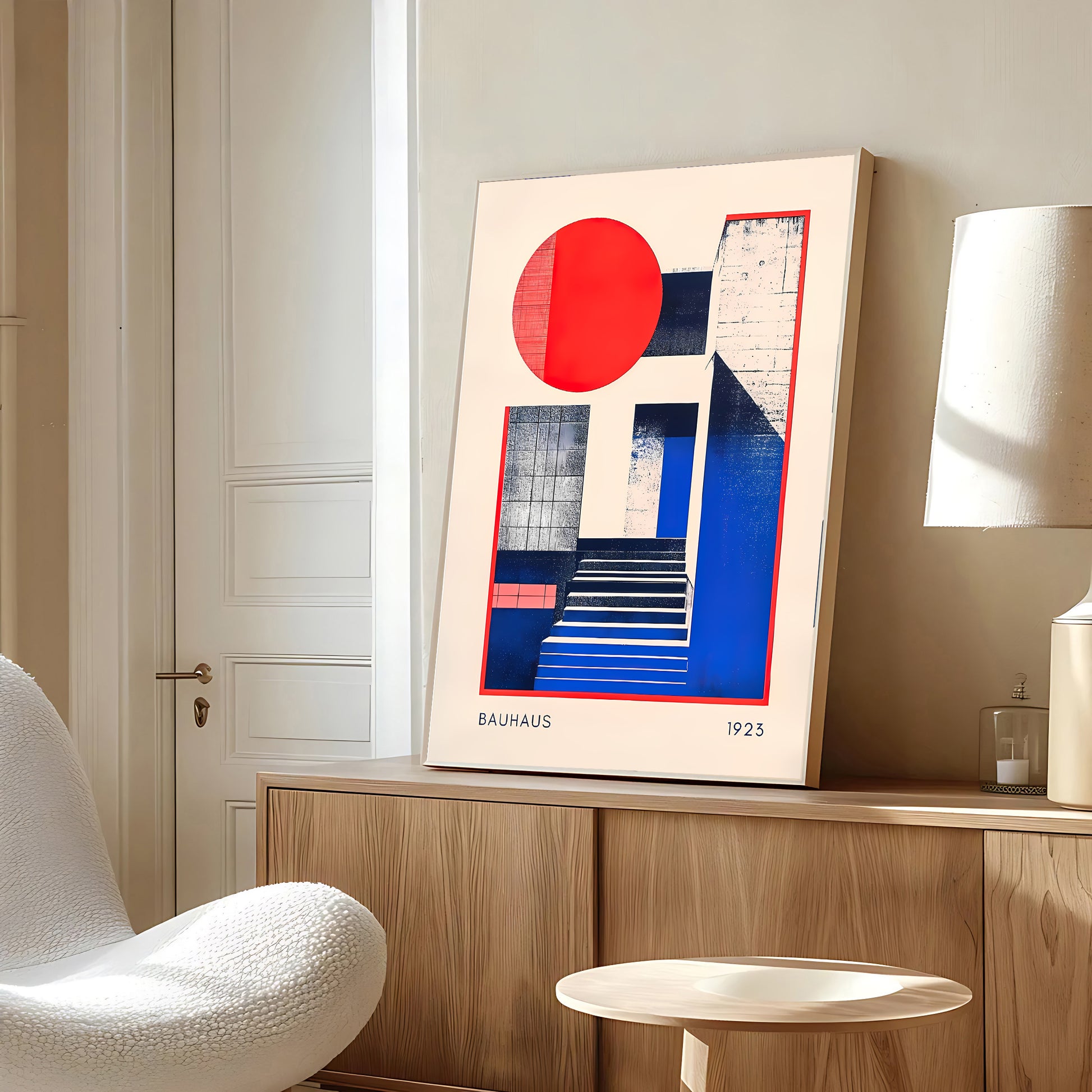 Abstract art piece on a wooden shelf in a room with a white chair and lamp.